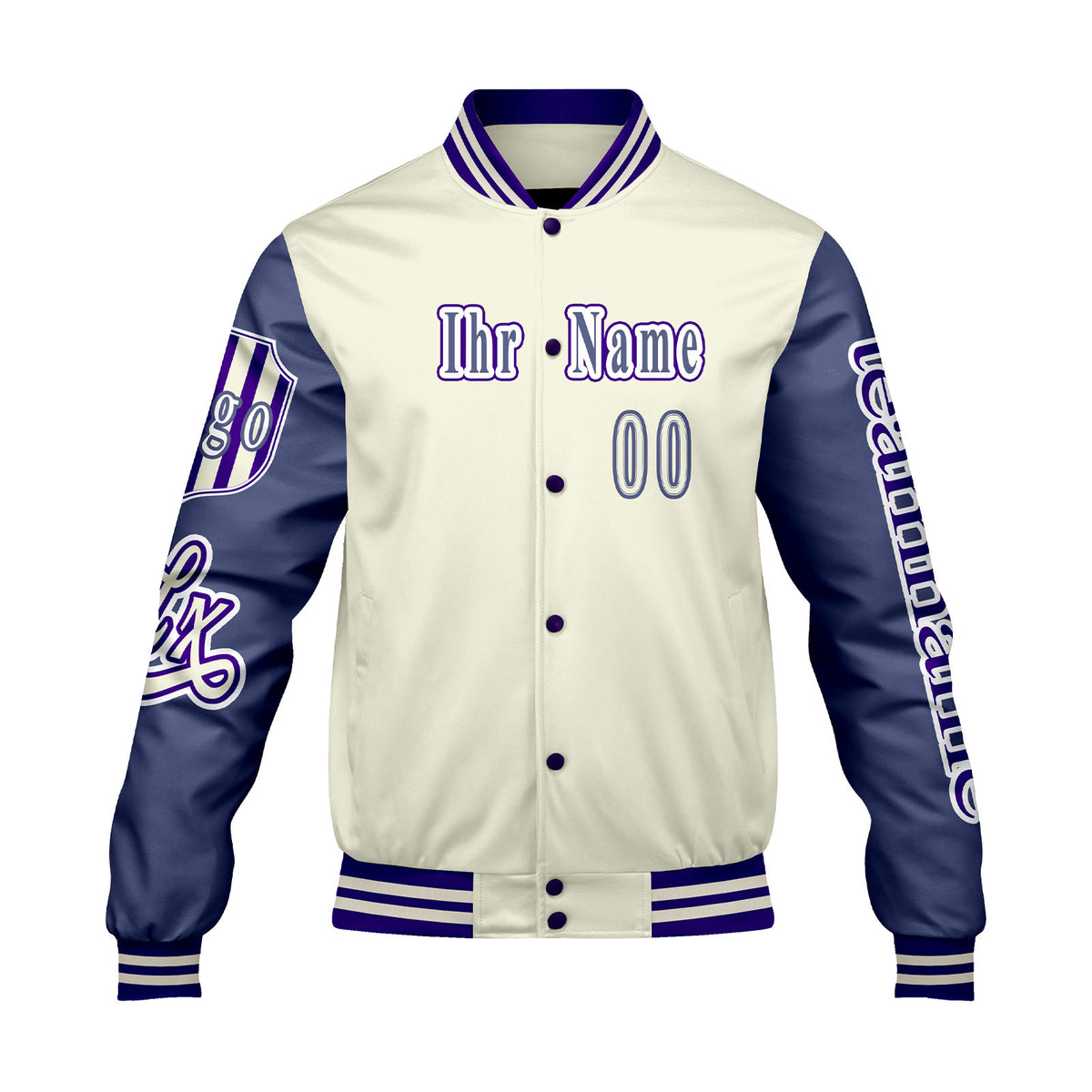Maßgeschneiderte Weiß Lila Letterman Varsity Jacket Individuelle Stickerei  Druck nach Ihrem Wunsch