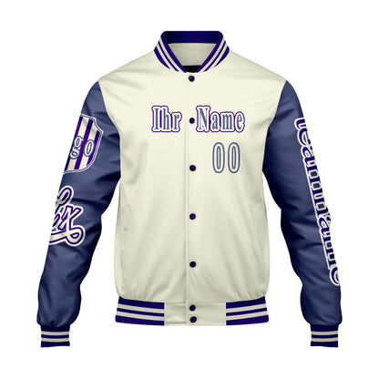 Maßgeschneiderte Weiß Lila Letterman Varsity Jacket Individuelle Stickerei  Druck nach Ihrem Wunsch