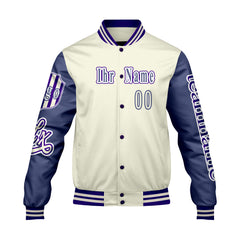 Maßgeschneiderte Weiß Lila Letterman Varsity Jacket Individuelle Stickerei  Druck nach Ihrem Wunsch