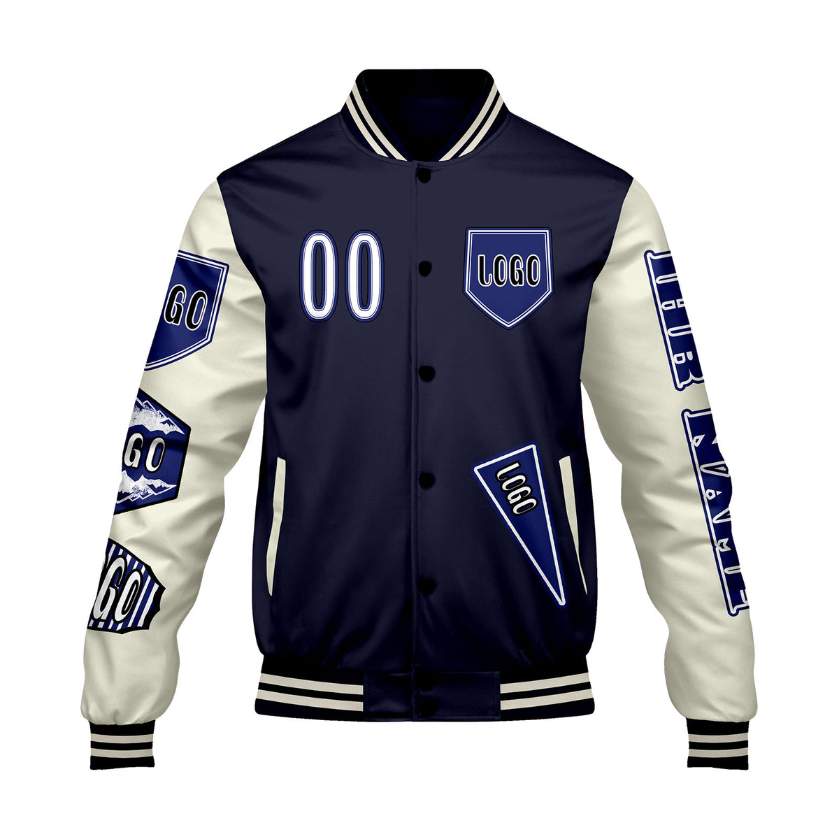 Maßgeschneiderte Marine Weiß Letterman Varsity Jacket Individuelle Stickerei  Druck nach Ihrem Wunsch