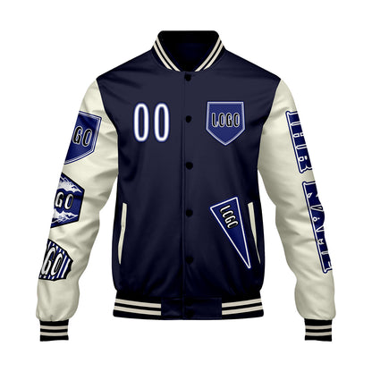 Maßgeschneiderte Marine Weiß Letterman Varsity Jacket Individuelle Stickerei  Druck nach Ihrem Wunsch