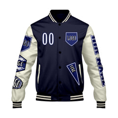 Maßgeschneiderte Marine Weiß Letterman Varsity Jacket Individuelle Stickerei  Druck nach Ihrem Wunsch