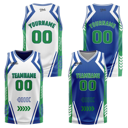 Benutzerdefinierte Weiß Blau Grün Reversible Basketball Jersey Personalisierte Drucken Name Nummer Logo