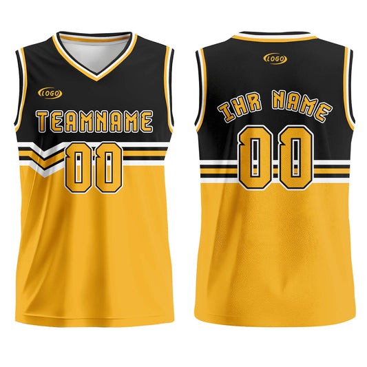 Benutzerdefinierter Schwarz Gelb Weiß Basketball Jersey Uniform Anzug gedruckt Ihr Logo Name Nummer