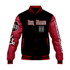 Maßgeschneiderte Schwarz Rot Letterman Varsity Jacket Individuelle Stickerei  Druck nach Ihrem Wunsch