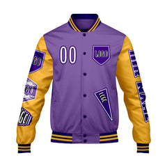 Maßgeschneiderte Lila Gelb Letterman Varsity Jacket Individuelle Stickerei  Druck nach Ihrem Wunsch
