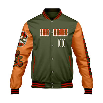Maßgeschneiderte Grün Orange Letterman Varsity Jacket Individuelle Stickerei  Druck nach Ihrem Wunsch