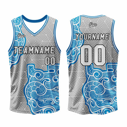 Benutzerdefinierter Grau Blau Basketball Jersey Uniform Anzug gedruckt Ihr Logo Name Nummer