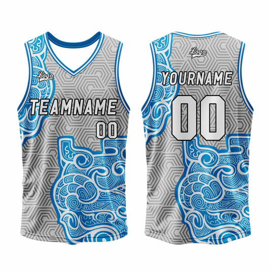 Benutzerdefinierter Grau Blau Basketball Jersey Uniform Anzug gedruckt Ihr Logo Name Nummer