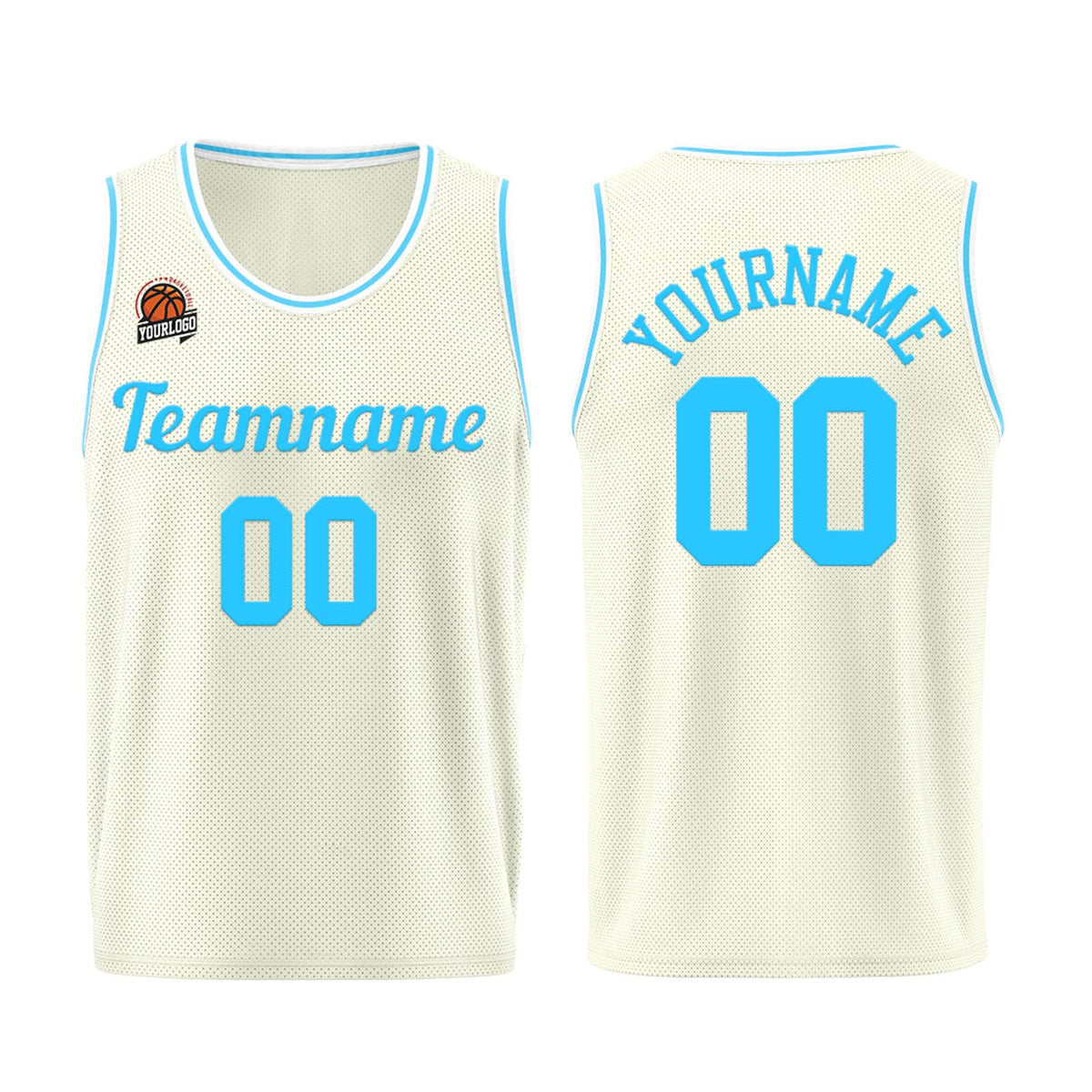 Individuelle Creme-Hellblau Basketball Jersey Shorts für Männer und Frauen Gestickter und gedruckter Name, Nummer und Logo