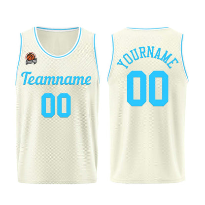 Individuelle Creme-Hellblau Basketball Jersey Shorts für Männer und Frauen Gestickter und gedruckter Name, Nummer und Logo