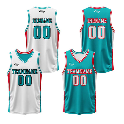 Benutzerdefinierte Weiß Cyan Rot Reversible Basketball Jersey Personalisierte Drucken Name Nummer Logo