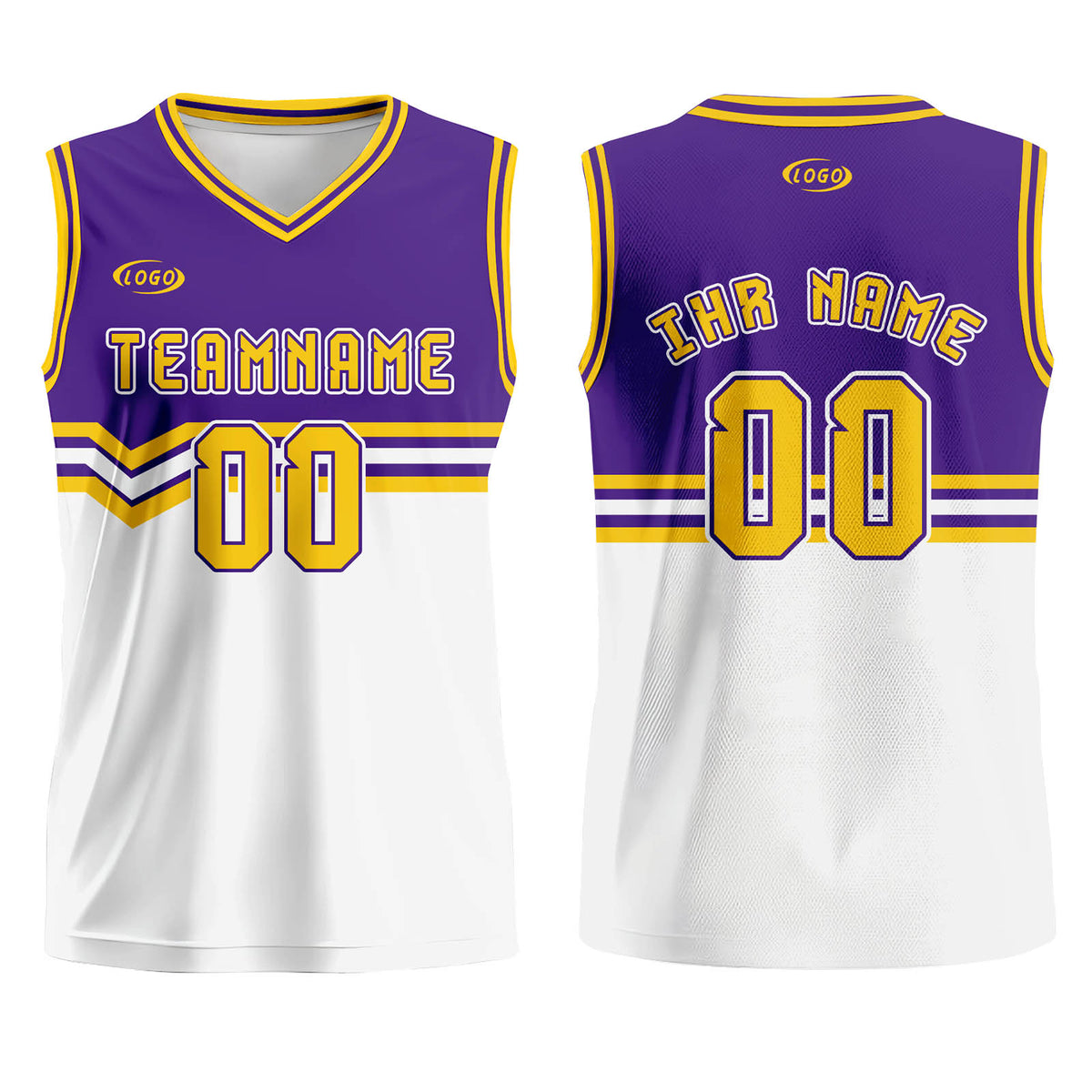 Benutzerdefinierter Lila Weiß Gelb Basketball Jersey Uniform Anzug gedruckt Ihr Logo Name Nummer
