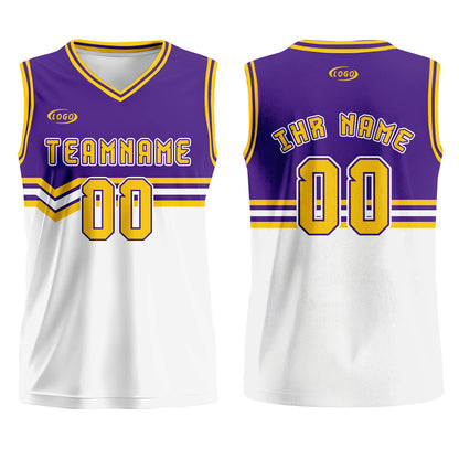 Benutzerdefinierter Lila Weiß Gelb Basketball Jersey Uniform Anzug gedruckt Ihr Logo Name Nummer