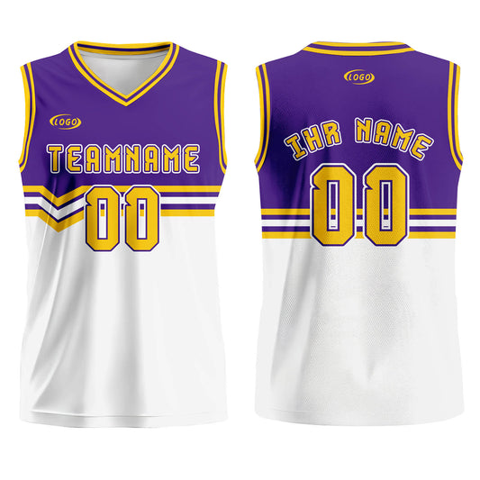 Benutzerdefinierter Lila Weiß Gelb Basketball Jersey Uniform Anzug gedruckt Ihr Logo Name Nummer
