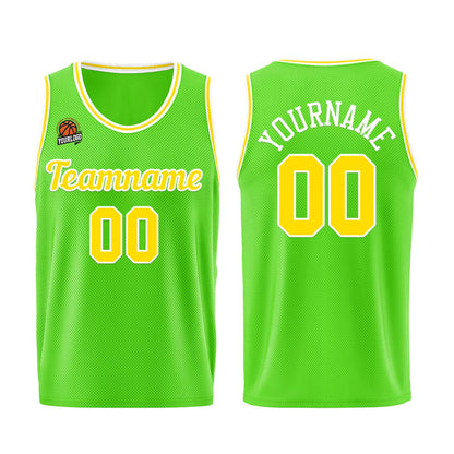 Individuelle Neongrün-Gelb Basketball Jersey Shorts für Männer und Frauen Gestickter und gedruckter Name, Nummer und Logo