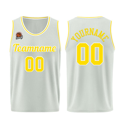 Individuelle Grau-Gelb Basketball Jersey Shorts für Männer und Frauen Gestickter und gedruckter Name, Nummer und Logo