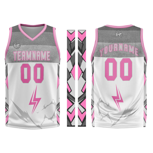 Benutzerdefinierter Weiß Grau Rosa Basketball Jersey Uniform Anzug gedruckt Ihr Logo Name Nummer