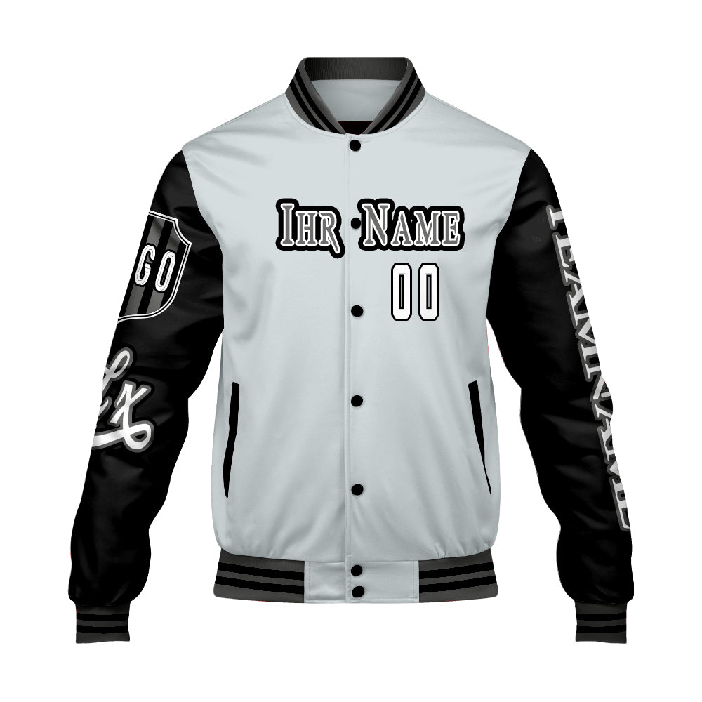 Maßgeschneiderte Grau Schwarz Letterman Varsity Jacket Individuelle Stickerei  Druck nach Ihrem Wunsch