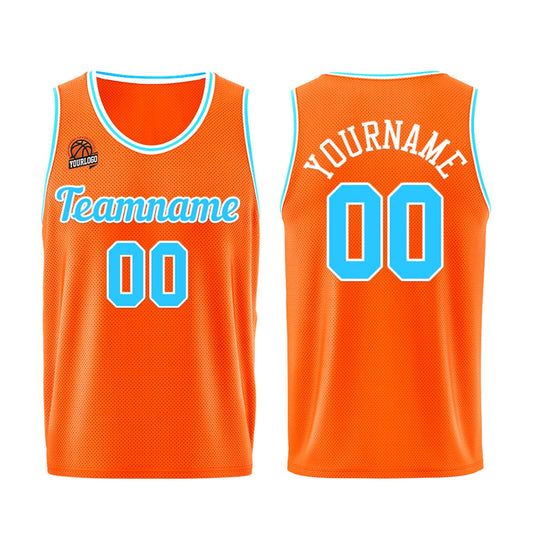 Individuelle Orange-Hellblau Basketball Jersey Shorts für Männer und Frauen Gestickter und gedruckter Name, Nummer und Logo