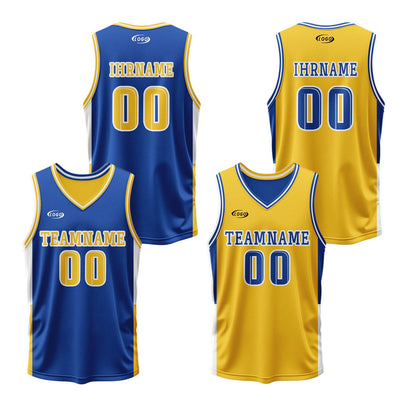 Benutzerdefinierte Blau Gelb Reversible Basketball Jersey Personalisierte Drucken Name Nummer Logo