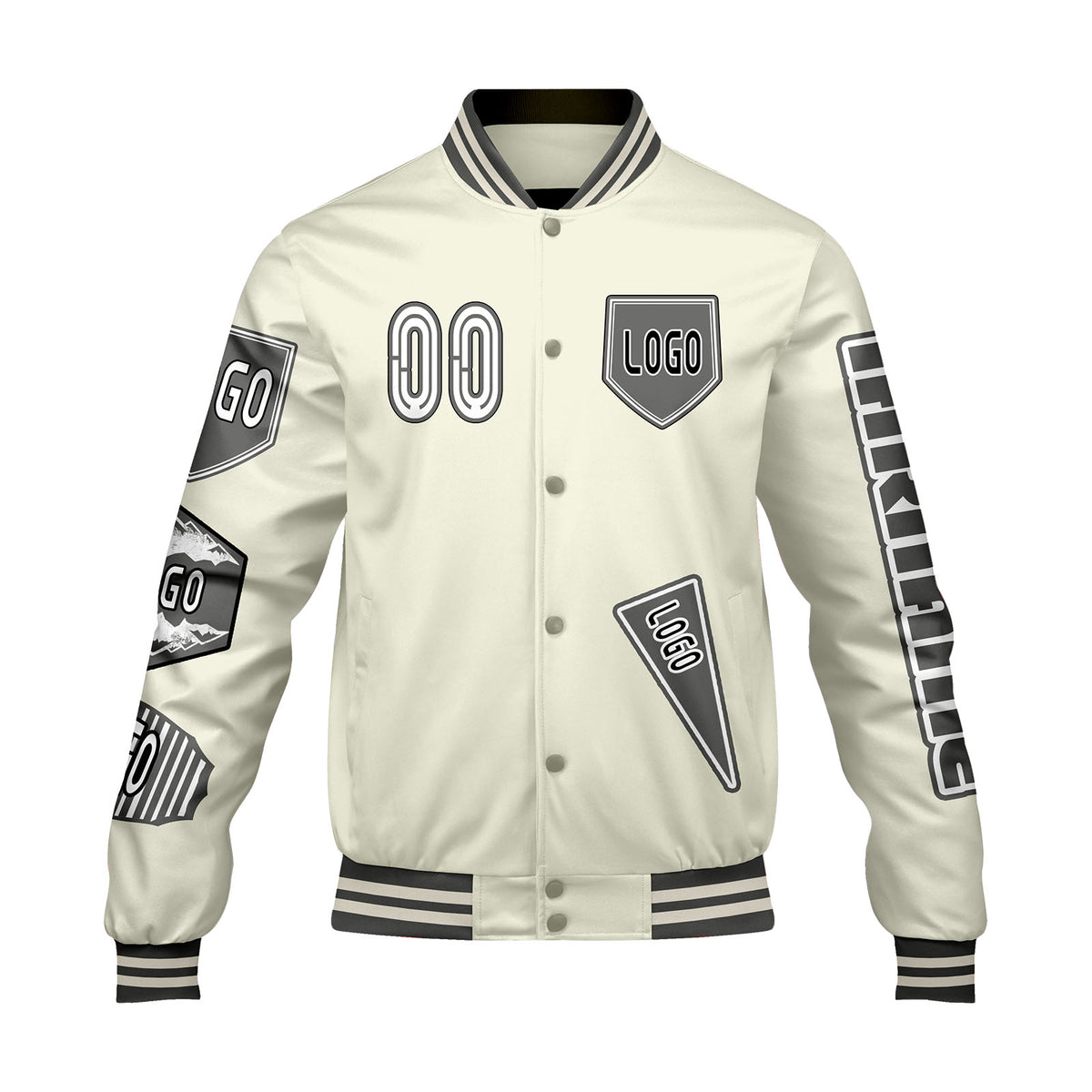 Maßgeschneiderte Weiß Letterman Varsity Jacket Individuelle Stickerei  Druck nach Ihrem Wunsch