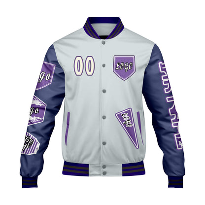 Maßgeschneiderte Grau Lila Letterman Varsity Jacket Individuelle Stickerei  Druck nach Ihrem Wunsch