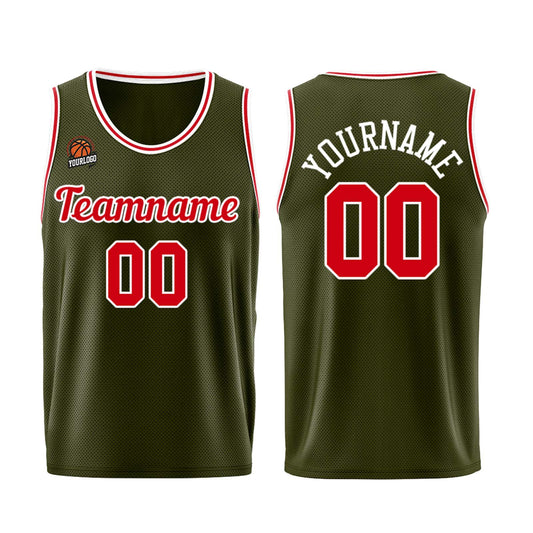 Individuelle Armeegrün-Rot Basketball Jersey Shorts für Männer und Frauen Gestickter und gedruckter Name, Nummer und Logo