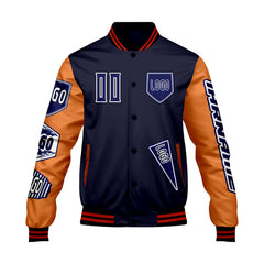 Maßgeschneiderte Marine Orange Letterman Varsity Jacket Individuelle Stickerei  Druck nach Ihrem Wunsch