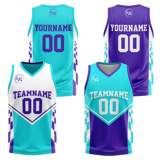 Benutzerdefinierte Hellblau Lila Reversible Basketball Jersey Personalisierte Drucken Name Nummer Logo