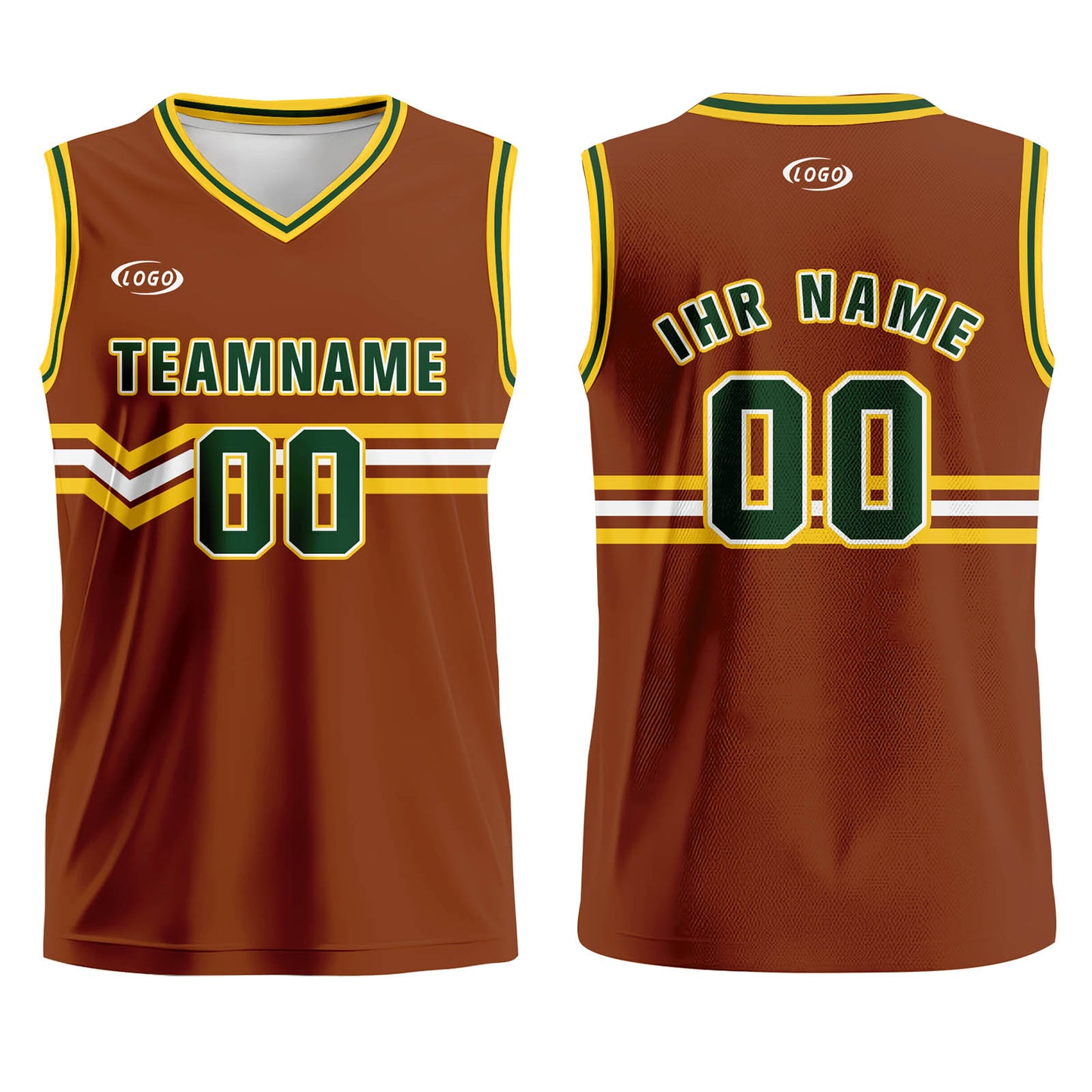 Benutzerdefinierter Braun Grün Gelb Weiß Basketball Jersey Uniform Anzug gedruckt Ihr Logo Name Nummer