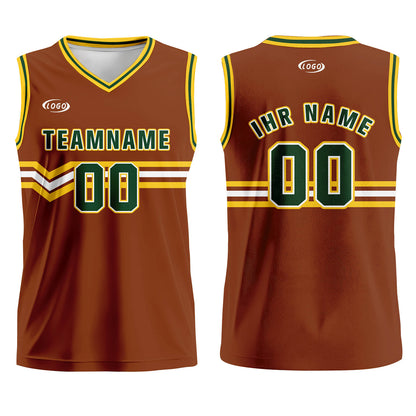 Benutzerdefinierter Braun Grün Gelb Weiß Basketball Jersey Uniform Anzug gedruckt Ihr Logo Name Nummer