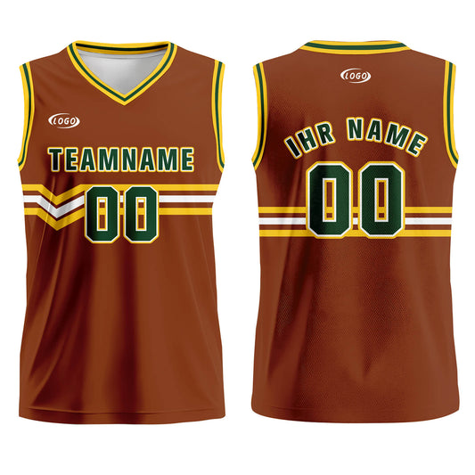 Benutzerdefinierter Braun Grün Gelb Weiß Basketball Jersey Uniform Anzug gedruckt Ihr Logo Name Nummer
