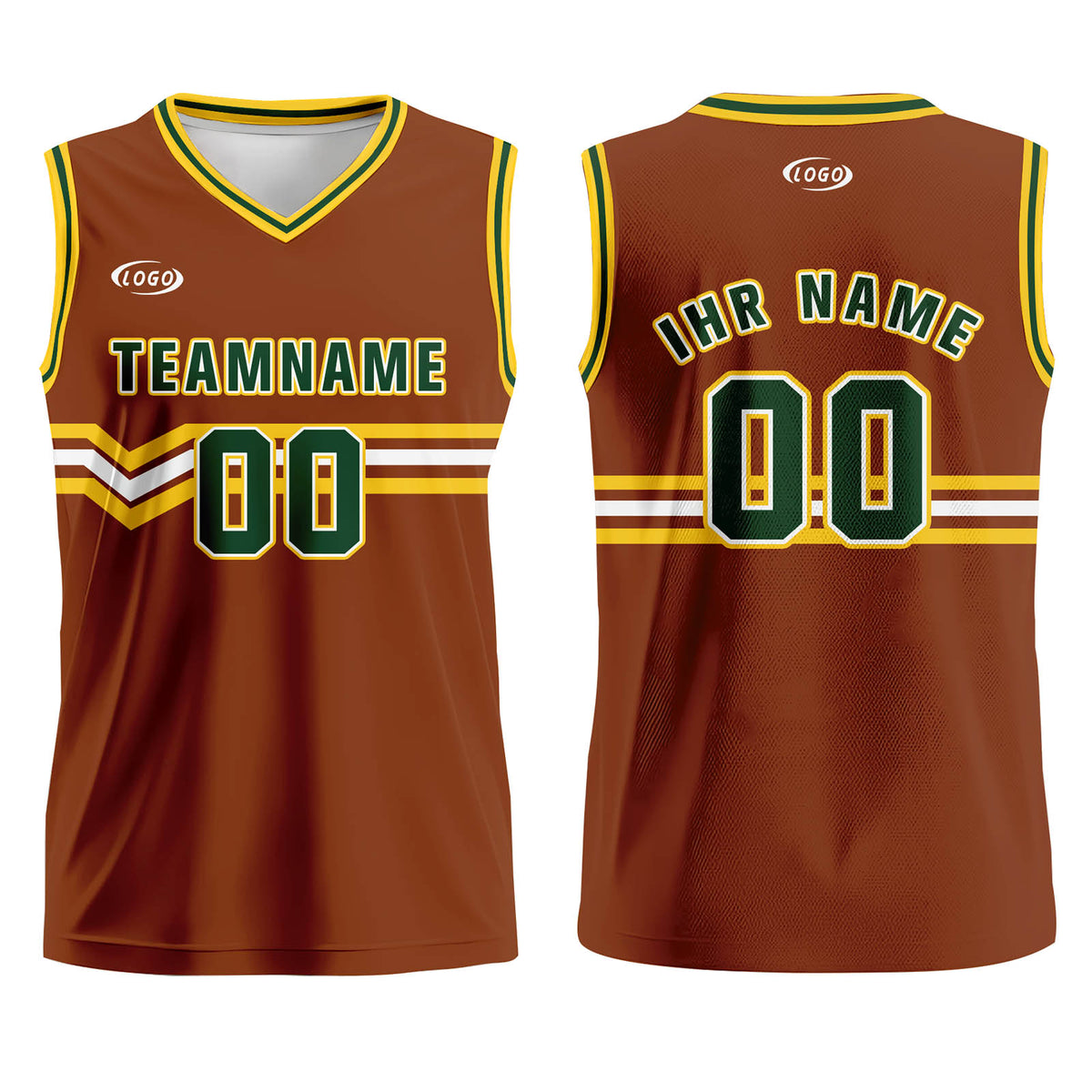 Benutzerdefinierter Braun Grün Gelb Weiß Basketball Jersey Uniform Anzug gedruckt Ihr Logo Name Nummer