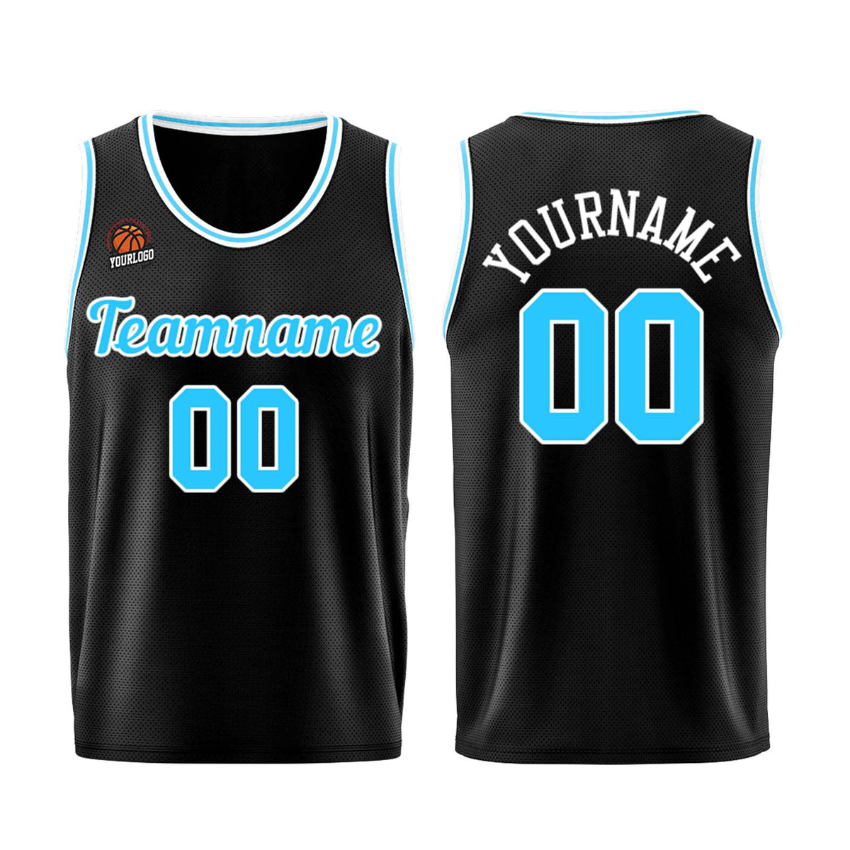 Individuelle Schwarz Hellblau Basketball Jersey Shorts für Männer und Frauen Gestickter und gedruckter Name, Nummer und Logo