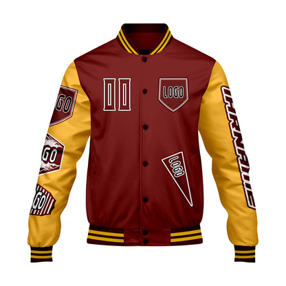 Maßgeschneiderte Rot Gelb Letterman Varsity Jacket Individuelle Stickerei  Druck nach Ihrem Wunsch