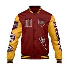Maßgeschneiderte Rot Gelb Letterman Varsity Jacket Individuelle Stickerei  Druck nach Ihrem Wunsch
