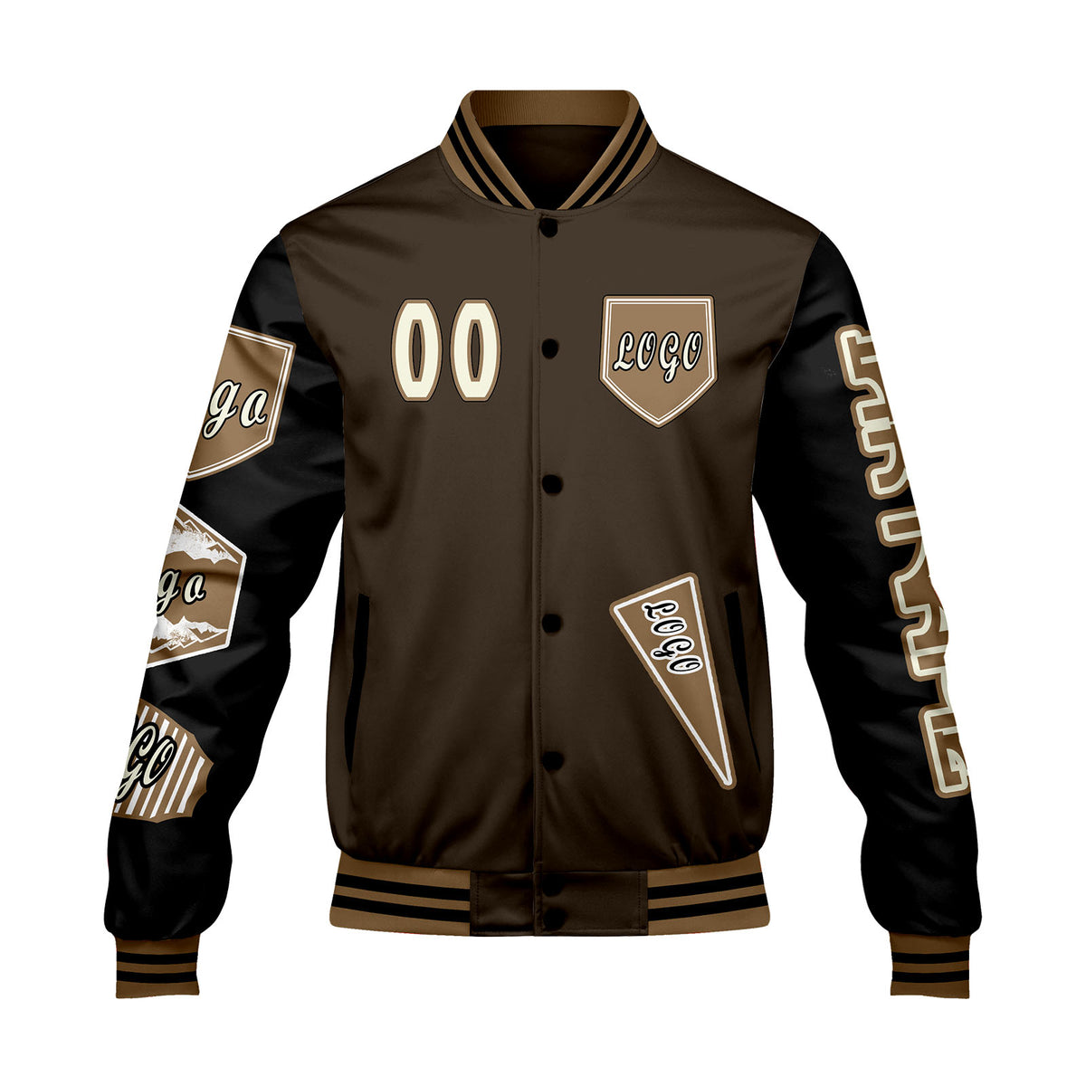 Maßgeschneiderte Braun Schwarz Letterman Varsity Jacket Individuelle Stickerei  Druck nach Ihrem Wunsch