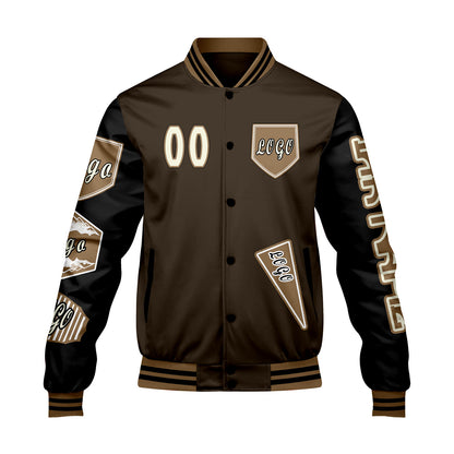 Maßgeschneiderte Braun Schwarz Letterman Varsity Jacket Individuelle Stickerei  Druck nach Ihrem Wunsch