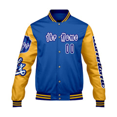 Maßgeschneiderte Blau Gelb Letterman Varsity Jacket Individuelle Stickerei  Druck nach Ihrem Wunsch