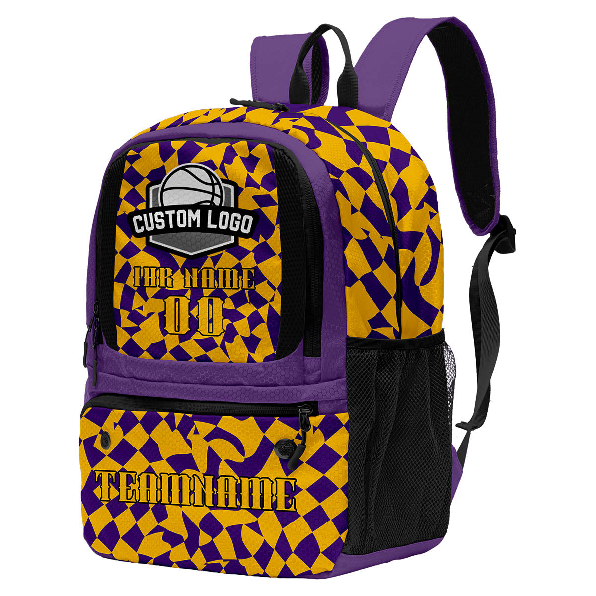 Personalisierter Basketball - und Fußballrucksack in Lila und Hellgelb mit Spielernamen & Nummern und Teamlogo #BP-0919-0031