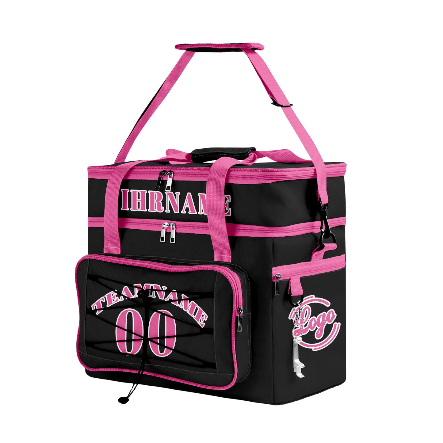 Maßgeschickerte Schwarz Rosa vollflächig bedruckte isolierte Kühltasche mit Doppelwand Wasserdichte 600D Oxford Picknick-Tragetasche für Teamevents & Outdoor-Grillen