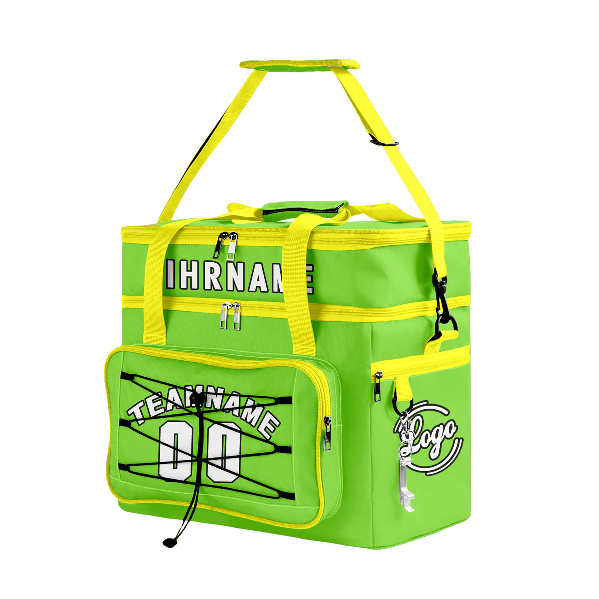 Maßgeschickerte Grün Gelb vollflächig bedruckte isolierte Kühltasche mit Doppelwand Wasserdichte 600D Oxford Picknick-Tragetasche für Teamevents & Outdoor-Grillen