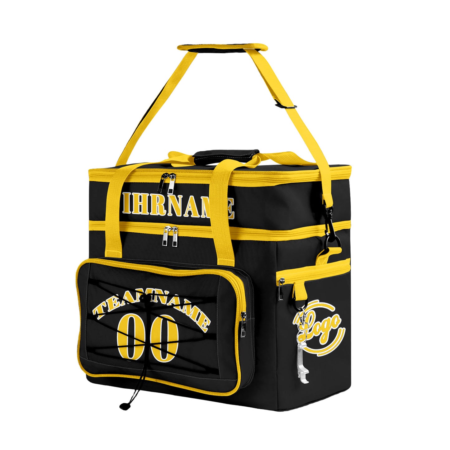 Maßgeschickerte Schwarz Gelb vollflächig bedruckte isolierte Kühltasche mit Doppelwand Wasserdichte 600D Oxford Picknick-Tragetasche für Teamevents & Outdoor-Grillen