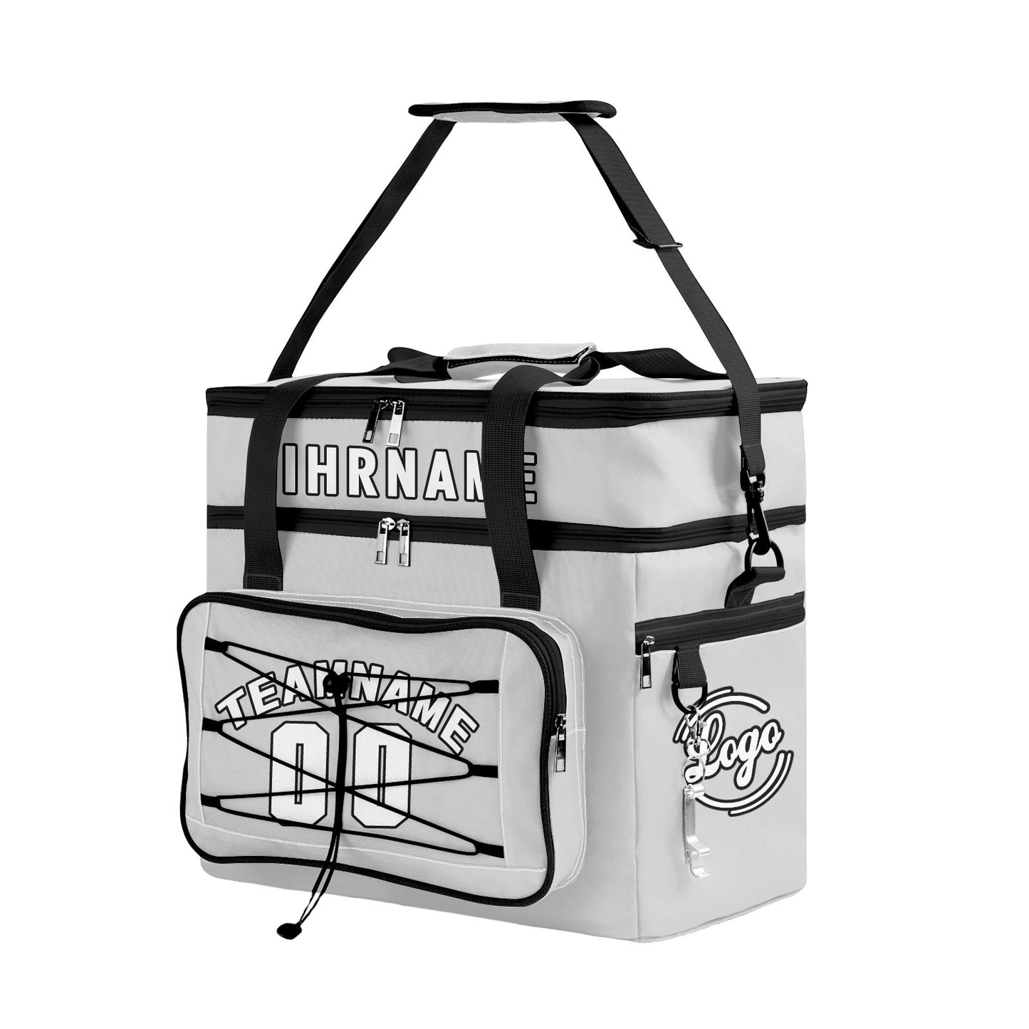 Maßgeschickerte Grau Schwarz vollflächig bedruckte isolierte Kühltasche mit Doppelwand Wasserdichte 600D Oxford Picknick-Tragetasche für Teamevents & Outdoor-Grillen
