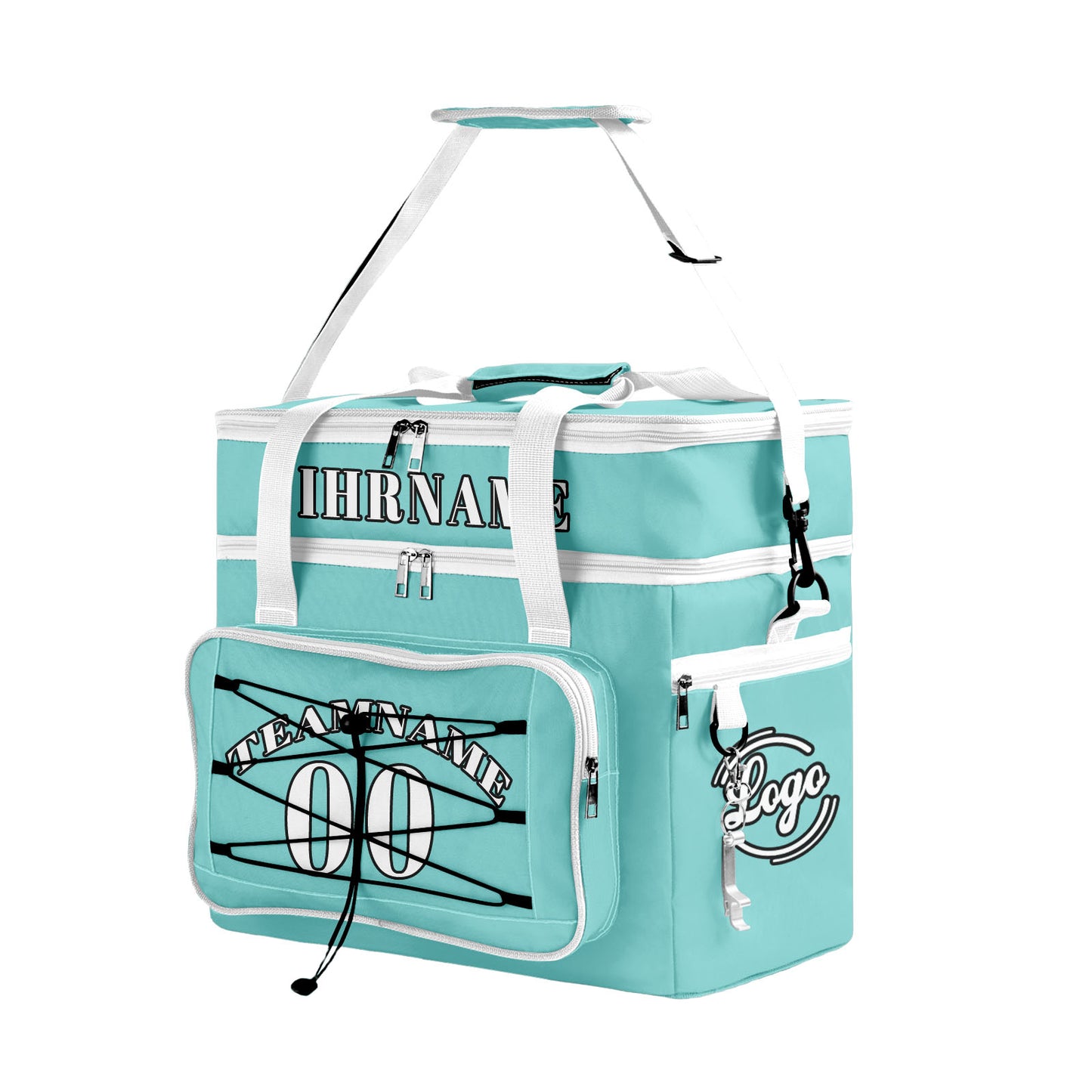 Maßgeschickerte Cyan Weiß vollflächig bedruckte isolierte Kühltasche mit Doppelwand Wasserdichte 600D Oxford Picknick-Tragetasche für Teamevents & Outdoor-Grillen