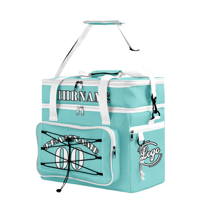 Maßgeschickerte Cyan Weiß vollflächig bedruckte isolierte Kühltasche mit Doppelwand Wasserdichte 600D Oxford Picknick-Tragetasche für Teamevents & Outdoor-Grillen
