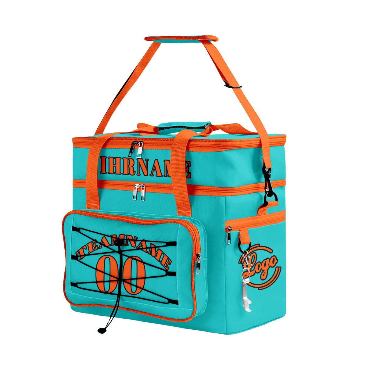 Maßgeschickerte Cyan Orange vollflächig bedruckte isolierte Kühltasche mit Doppelwand Wasserdichte 600D Oxford Picknick-Tragetasche für Teamevents & Outdoor-Grillen
