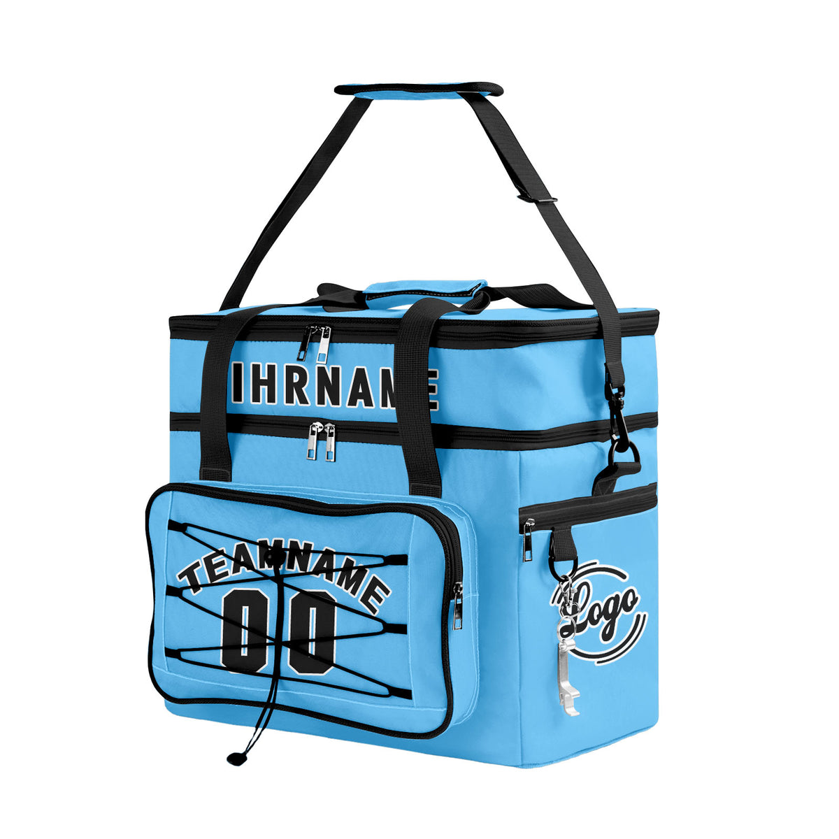 Maßgeschickerte Blau Schwarz vollflächig bedruckte isolierte Kühltasche mit Doppelwand Wasserdichte 600D Oxford Picknick-Tragetasche für Teamevents & Outdoor-Grillen