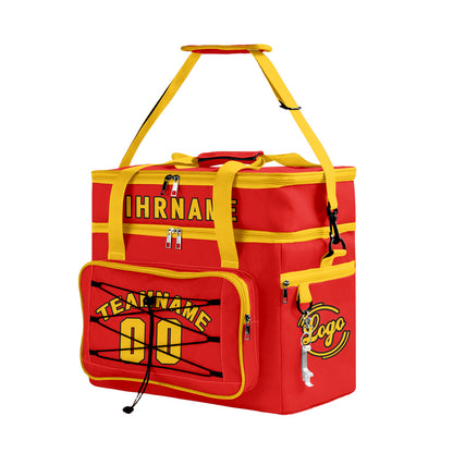 Maßgeschickerte Rot Gelb vollflächig bedruckte isolierte Kühltasche mit Doppelwand Wasserdichte 600D Oxford Picknick-Tragetasche für Teamevents & Outdoor-Grillen